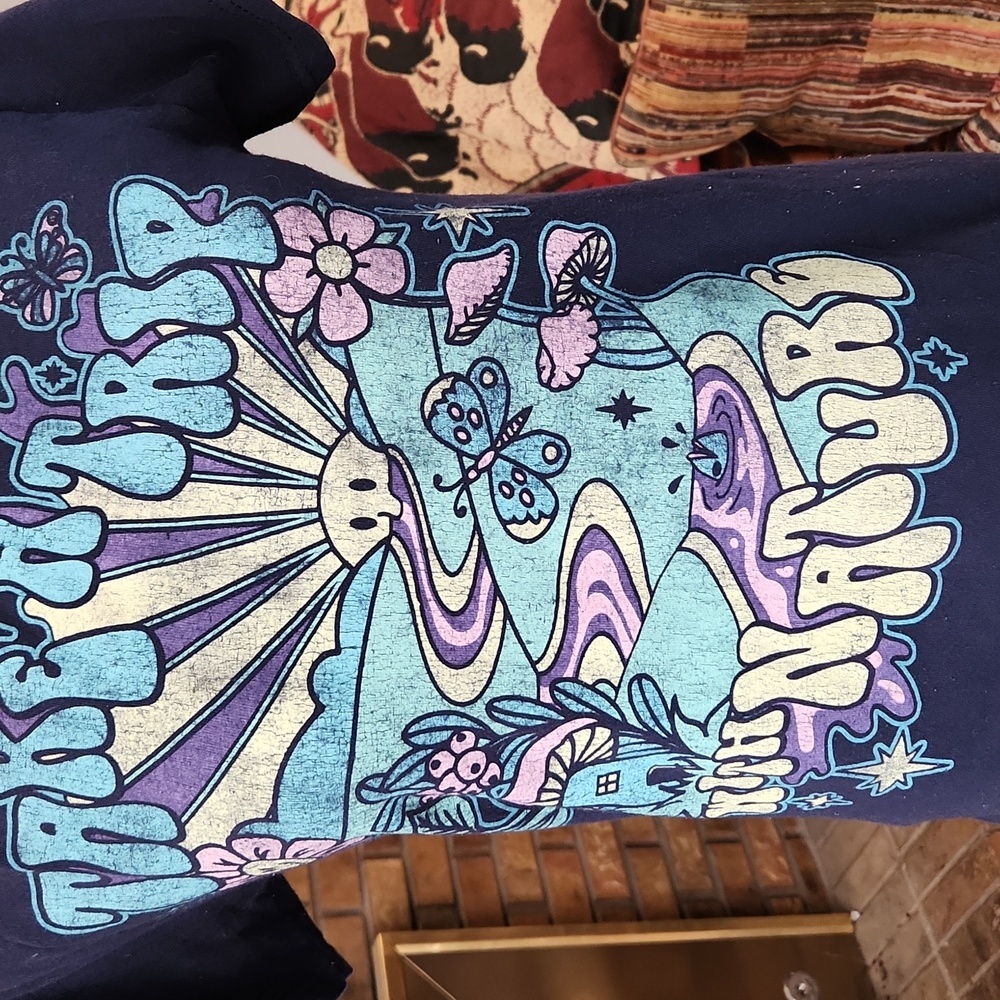 DOM Brand Navy Blue Tee Size Small Take A Trip With Nature 100% Cotton Flowers